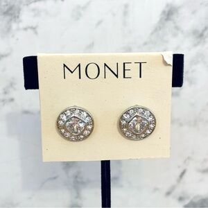 Monet Silver Tone Stud Earrings Faux Diamonds